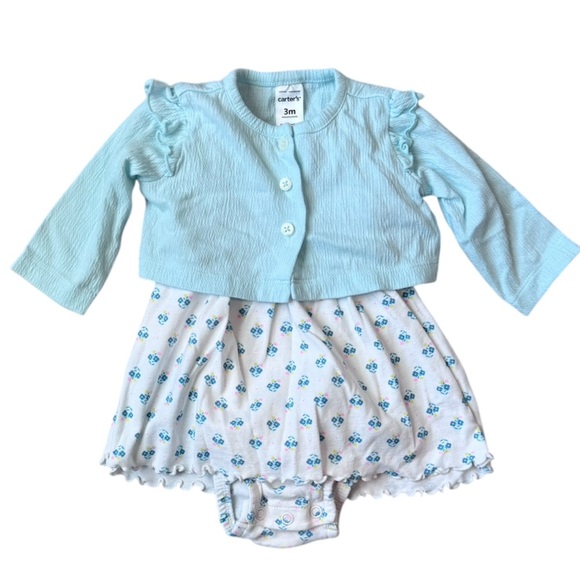 Carter’s Baby Girl Floral Dress Bodysuit with Blue Cardigan - Size 3 Months - Picture 1 of 8